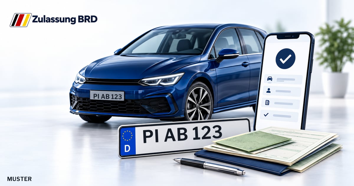 Online Fahrzeugzulassung in Barmstedt: Musterkennzeichen PI AB 123, Auto und Fahrzeugpapiere und Smartphone. Illustration mit Logo von Zulassung BRD.